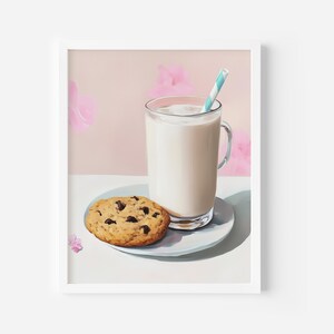 Milk And Cookies Print, Food Wall Art, Chocolate Chip Cookies Painting, Trendy Kitchen Decor, Dessert Poster, Bakery Wall Decor, Digital Art