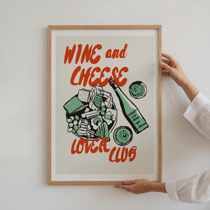 Wine and Cheese Lover Club poster, barwagen decor, vintage eten poster, handgetekende illustratie, moderne print uit het midden van de eeuw, moderne keukenkunst