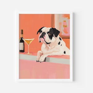 ブルドッグ アート プリント、ブルドッグ カクテル アート、犬のお母さんへのギフト、マティーニ アート プリント、面白い犬のポスター、ピンクのバー カート プリント、フレンチ ブルドッグの印刷物