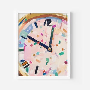 May include: A close-up of a colorful abstract painting of a clock face. The clock face is pink with black hands and a gold center. The background is filled with colorful confetti-like shapes.