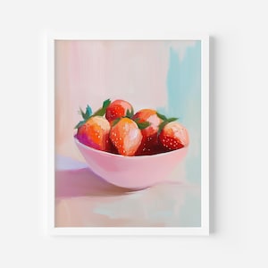 Strawberry wall art print, Kitchen Foodie print, strawberries bowl printable art, Fruit painting, pink kitchen wall decor, Digital download