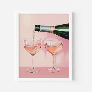 Różowy szampan wydruk, Cheers Champagne malarstwo, modna sztuka ścienna, wystrój wózka barowego, sztuka Preppy Aesthetic House, koktajlowy kieliszek retro wydruk