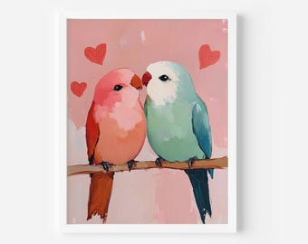 Lovebirds Kunstdruck Rosa - Valentinstag Dekor (Digitaler Download)