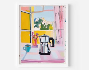 Impressão de cafeteira italiana: arte de parede moderna com carrinho de café (download digital), pôster de café expresso