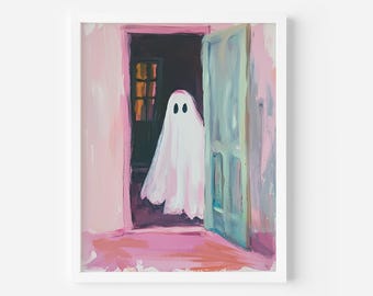 May include: A white ghost with two black eyes peeks out from behind a closed, teal-colored door. The door is set in a pink wall with a dark doorway behind it.