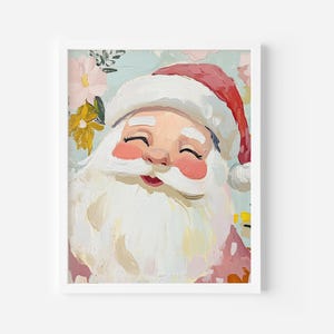 May include: A painting of Santa Claus with a white beard and a red hat. He is smiling with his eyes closed. The background is a light blue with pink and yellow flowers.