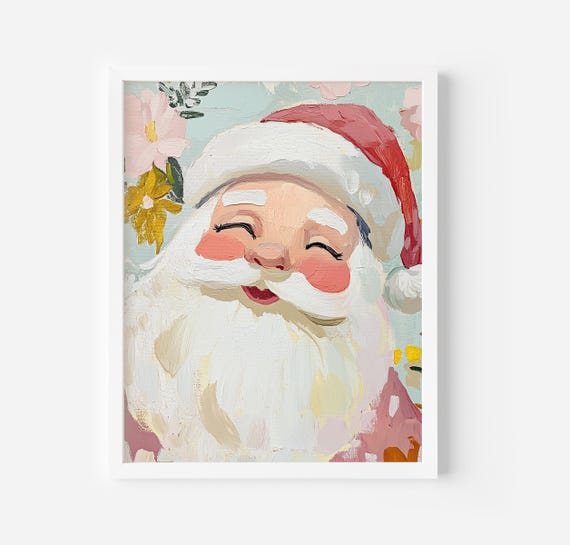 Floral Santa Christmas Art: Whimsical Pastel Holiday Poster (Digital Print)