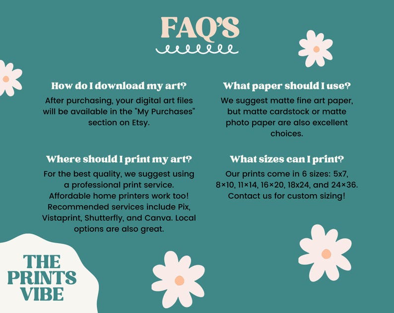 May include: A teal green background with white text and illustrations of white daisies. The text reads "FAQ's" and includes information about downloading, printing, paper types, and sizes for digital art prints. The text also includes the name "The Prints Vibe".