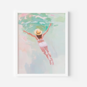 Girl Swimming Art Print, Ocean Scene Wall Art, Summer Vibes Decor, Girl swimming Beach Poster, Colorful Water Printable, Soft tones poster