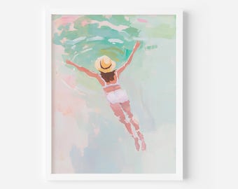 Girl Swimming Art Print: Colorful Ocean Scene (Digital Download), Summer Vibes Decor