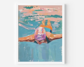 Ocean Swim Acrylic Painting: Coastal Beach House Art (Digital Print), Swimmer Print