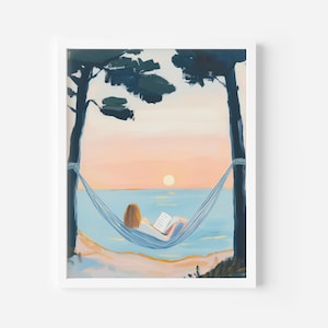 Girl Reading at Sunset Art Print, Beach Hammock Wall Art, Relaxing Coastal Decor, Sunset Book Nook Lover Poster, Tranquil Ocean Printable
