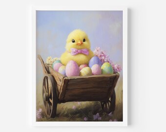 Easter Chick Pastel Painting: Vintage Spring Farmhouse Decor (Digital Download)
