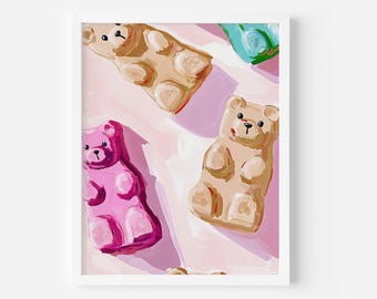 Puede incluir: Una ilustración de osos de gominola rosa, marrón y azul sobre un fondo rosa. Los osos de gominola tienen forma de oso y un estilo de dibujos animados.