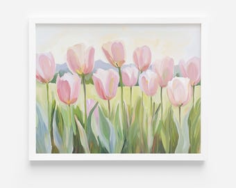 May include: A painting of a field of pink tulips with green leaves and stems. The tulips are in various stages of bloom, with some fully open and others still closed. The background is a soft, pastel blue.