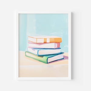 Cuadro de pila de libros, arte imprimible para amantes de los libros, impresión para amantes de los libros, arte de pared de moda, decoración de pared con rincón de libros, estética de apartamento, decoración de libros