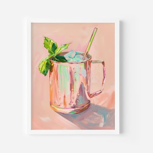 モスコミュールの絵画、爽やかなカクテルウォールアート、銅製マグカップの装飾、トレンディなバーカートアート、スタイリッシュなドリンクポスター、楽しいキッチンやバーの印刷物