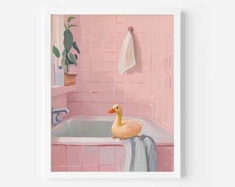 May include: A yellow rubber duck sits in a pink bathtub with a white towel draped over the edge. The bathroom has pink tile walls and a white towel hanging on a hook.
