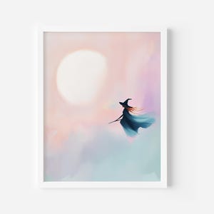 May include: A digital illustration of a witch flying on a broomstick in front of a pink and blue watercolour sky with a large white moon.