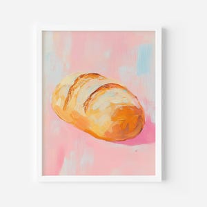 Op de afbeelding: Een schilderij van een brood wit brood op een roze achtergrond. Het brood is realistisch geschilderd, met zichtbare details zoals de korst en het zachte interieur.
