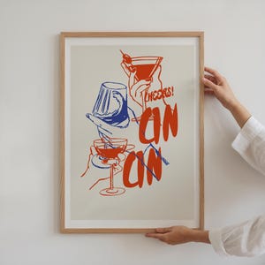 Cin Cin-print, handgeschreven barwagenprint, rood en blauw decor, martini-poster, cheers-print, Aperol keukendecor, wijnposter, retro prints