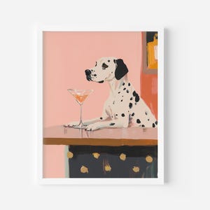 ダルメシアンのカクテル ペインティング、犬のプリント可能な肖像画、トレンディなバー カートの装飾、動物愛好家のウォール アート プリント、気まぐれなペット、デジタル ダウンロード アート