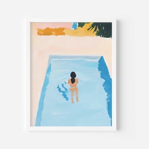 Retro Swimming Pool Art Print, Girl Swimming Painting, Abstract painting, Summer Tropical Decor, Woman Swimming pool Wall Art,Still Life art
