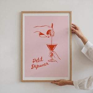 Meisje ontbijt print, trendy muurkunst, roze en rode print, retro cocktailprint, print bar cart cocktail, Petit Dejeuner-print, martini-poster