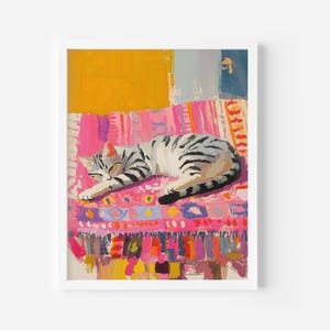 Sleeping Cat Art, Cozy Animal Print, Rustic Cat Wall Decor, Vintage Feline Print, Cute Cats Art Print, Colorful Cat Poster, Cat Lover Art