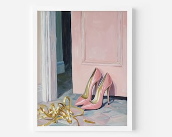 Lámina artística de tacones altos rosas: Decoración chic para apartamentos femeninos (descarga digital), pintura de zapatos preppy