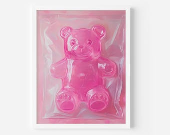 Pôster de Ursinho de Goma Rosa, Arte de Parede Bonita e Preppy, Arte de Parede Feminina, Decoração com Tema de Doces, Arte de Ursinho de Goma, Impressão Digital Moderna, Arte de Parede com Dopamina