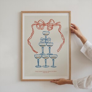 Champagnetoren Art Print, digitale kunst downloaden, handgetekende cocktailposter, moderne Bart Cart-print, trendy keukenprint, coquetteposter