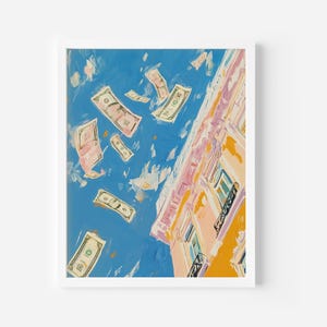 Impressão artística de chuva de dinheiro, decoração de quarto elegante, arte de parede urbana de dinheiro, impressão de pôster de dinheiro, decoração de dormitório moderna, decoração estética, arte para impressão descolada