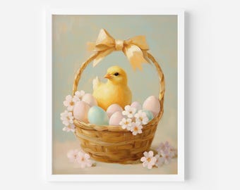 Easter Chick Print: Pastel Nursery Decor, Floral Basket (Digital Download)
