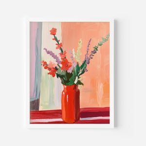 Impresión artística de flores rojas, descarga digital botánica, arte mural con ramo rojo, arte floral imprimible, póster de jarrón de flores abstractas, impresión floral roja