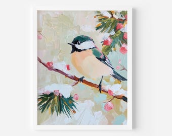 Winter Chickadee Art Print: Snowy Bird Painting (Digital Download), Boho Girly Painting