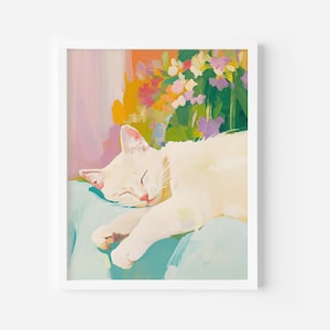 Cute Sleeping Kitten Wall Art, Cat printable,trendy room decor, acrylic painting, soft colours Cozy Cat Art, Whimsical Sleeping Cat Wall Art