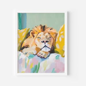 Portretafdruk pastelkleurige leeuw: eclectische muurkunst slaapkamer (digitale download), afdrukbare dopamineleeuw