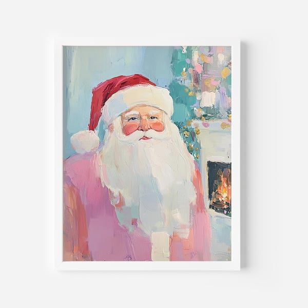 Rosa Weihnachtsmann Porträt: Pastel Weihnachtswand Kunst (Digitaler Download), Girly Dezember zum Ausdrucken