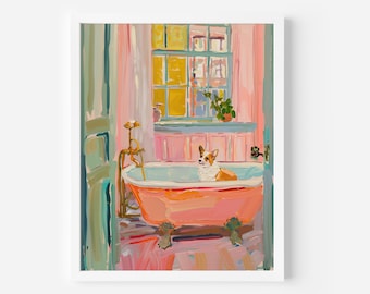 Corgis Hund in Badewanne Kunst: Retro Badezimmer Kunstdruck (Digitaldruck), zarte Farben Acrylbild