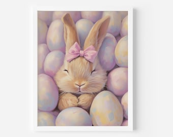 Impresión de conejito de Pascua, póster de conejo de Pascua lindo, arte de pared de Pascua de primavera, decoración de guardería de conejito y huevos, imprimible de Pascua, arte imprimible de coqueta
