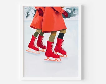 Peut inclure: Illustration de deux personnes patinant sur glace. Elles portent des manteaux, des gants et des patins à glace rouges. Les patins ont des lacets blancs et sont sur une lame rose clair. L'arrière-plan est une scène enneigée.