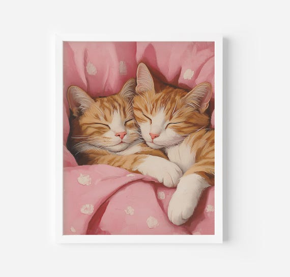 Sleeping Cat Art Print, Cute Nursery Wall Art, Girly Aesthetic Decor, Cat Painting, Pet Cat Art, Pink trendy home decor, Cat Mom Gift Prints