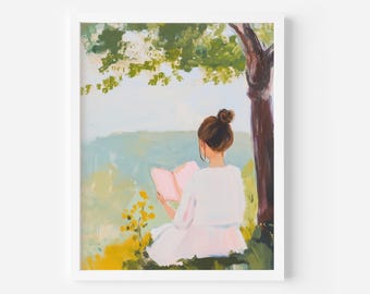 Girl Reading in Nature Art Print: Cozy Kid's Room Decor (Digital Download)