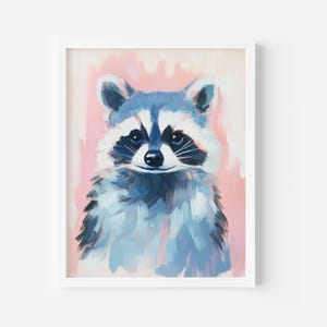 Impresión artística de lindo mapache, decoración de pared de animales caprichosos, habitación infantil para amantes de la naturaleza, retrato de animal divertido, póster rosa moderno, decoración de naturaleza muerta