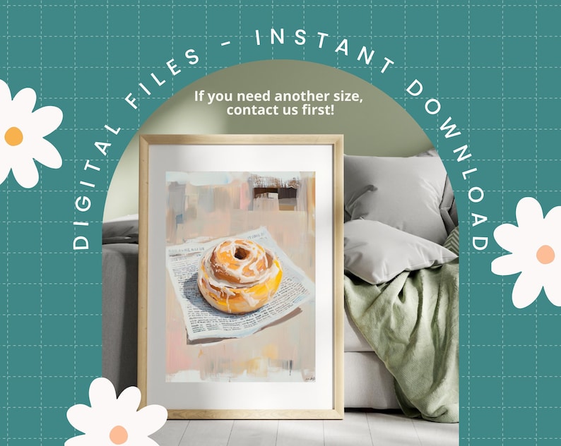 May include: A digital painting of a cinnamon roll with white icing on top of a newspaper. The painting is in a light brown frame and is hanging on a wall.