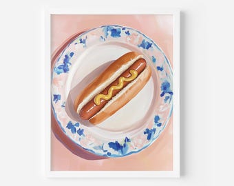 Fast Food Kitchen wall Art, Retro Food Poster, Hot Dog Wall Art, Pink Illustration, Trendy Kitchen Decor, Foodie Wall Art, Hot dog art print