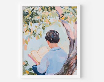 Boy Reading in Nature Art Print: Pastel Nursery Decor (Digital Download), Book Lover Art