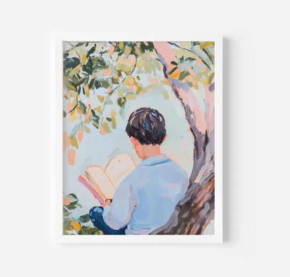 Boy Reading in Nature Art Print: Pastel Nursery Decor (Digital Download), Book Lover Art