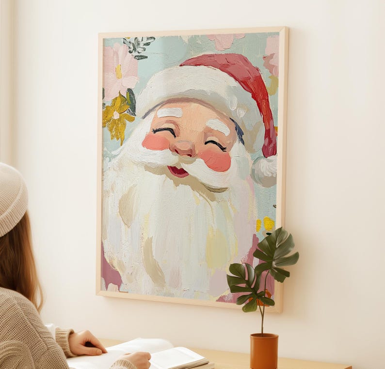 May include: A painting of Santa Claus with a white beard and a red hat. He is smiling and has his eyes closed. The background is a light blue with pink and yellow flowers.